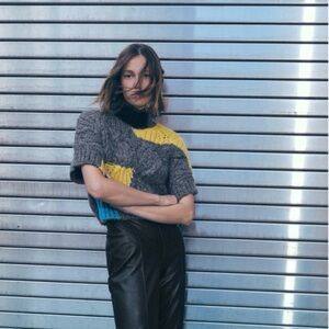 New! ZARA Colorblock Chunky Knit Sweater - Gray, Yellow & Blue